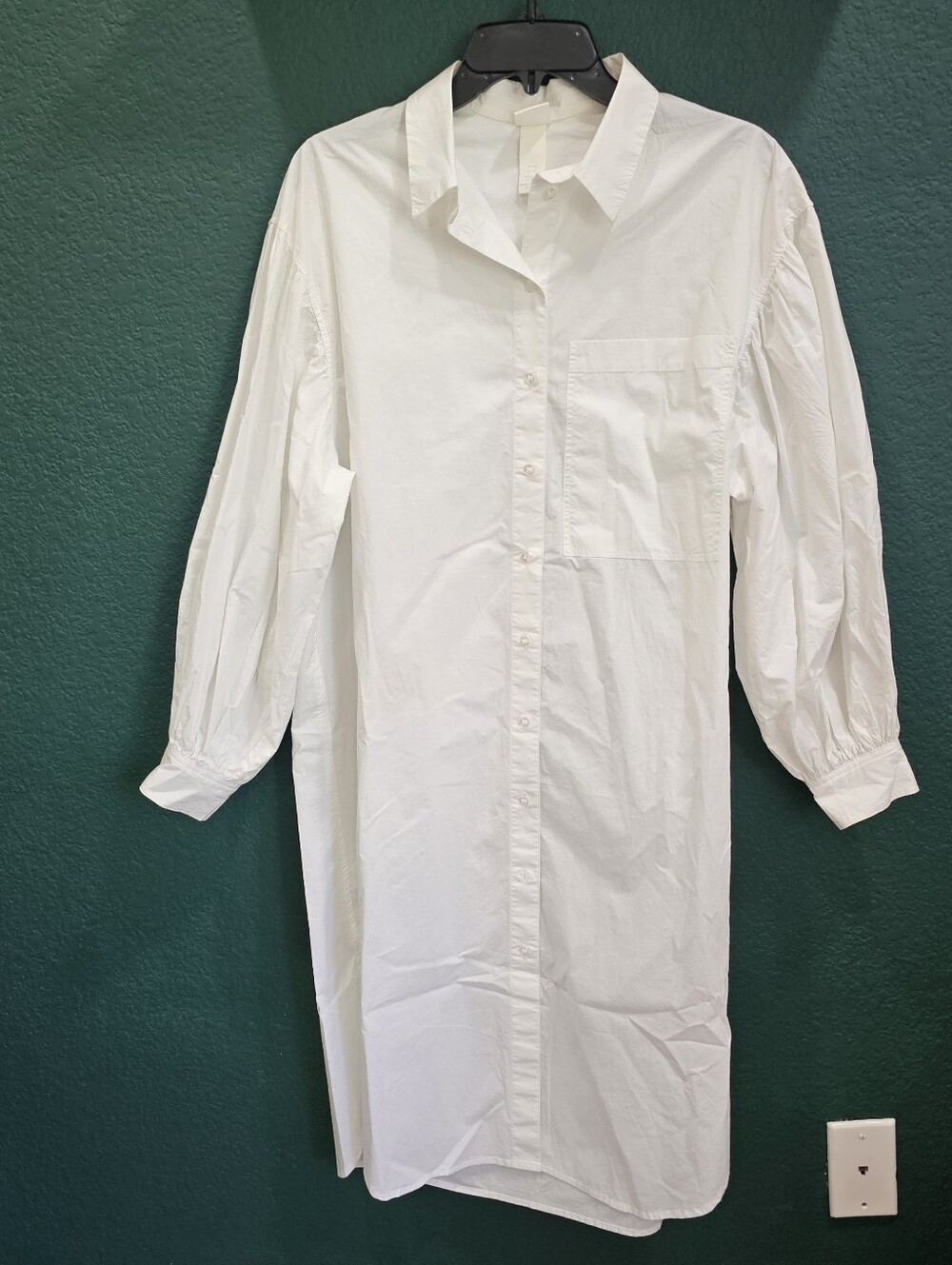H&M White Poplin Shirt Dress Puff Sleeve Button Front Size XS